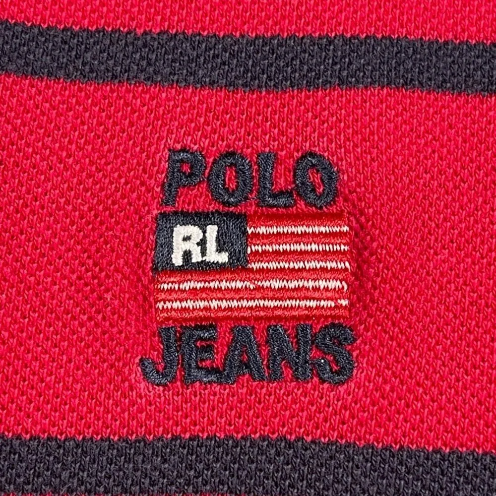 Ralph Lauren Polo Jeans Co Polo Shirt Mens L Red Black Striped Short Sleeve Flag
